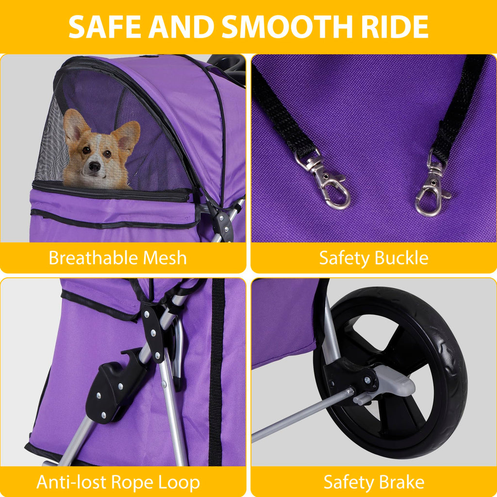 LEMY Pet Stroller,4 Wheels Dog Cat Stroller with Storage Basket&Cup Holder,Folding Dog Cat Cage Jogger Strollers for Small Medium Dogs Cats Travel,Purple