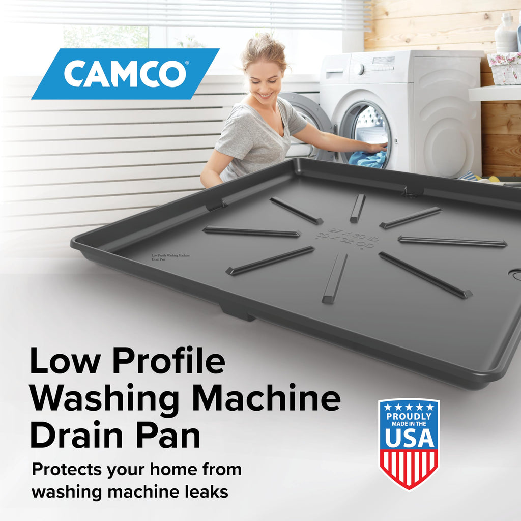 Camco Low Profile Washing Machine Drain Pan with PVC Fitting - 29 inch x 33 inch ID and 30.5 inch x 34.5 inch OD - Protects Your Floors from Washing Machine Leaks - Easy to Use - Graphite - 20784