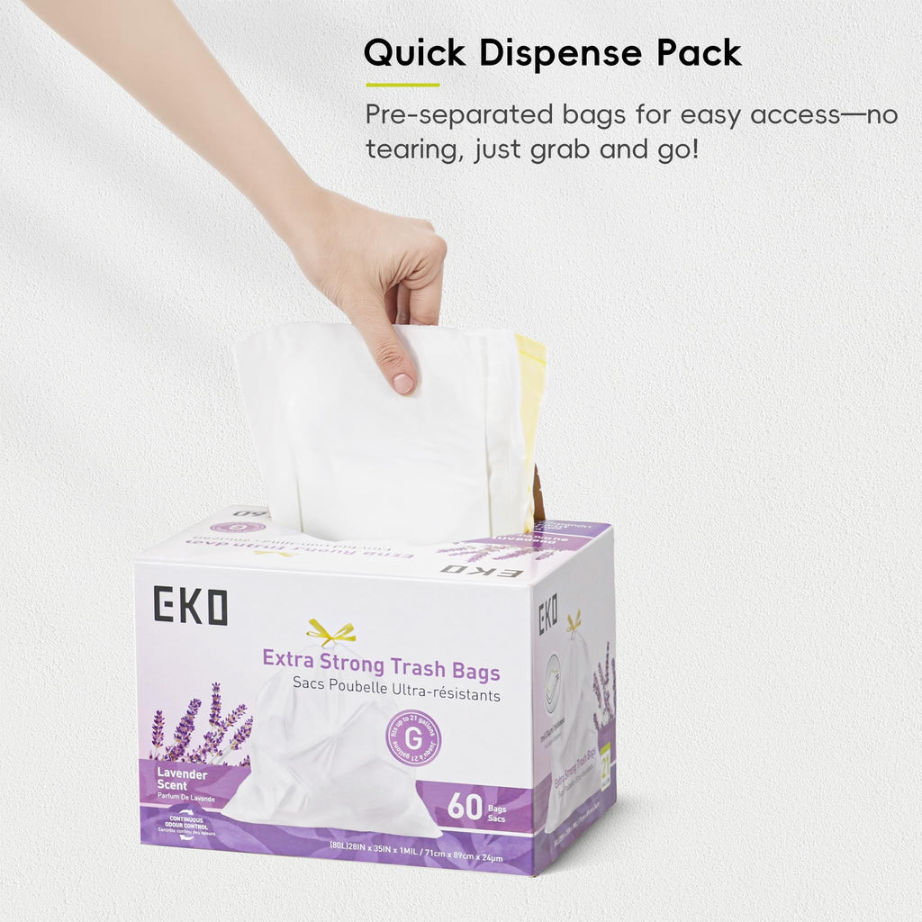EKO 21 Gallon / 50-90 Liter, 60 Count Drawstring Trash Bags, Extra-Strong Garbage Bags, Lavender Scent with Continuous Odor Control, Easy-Dispense Roll for Kitchen and Household Use, Code G, White