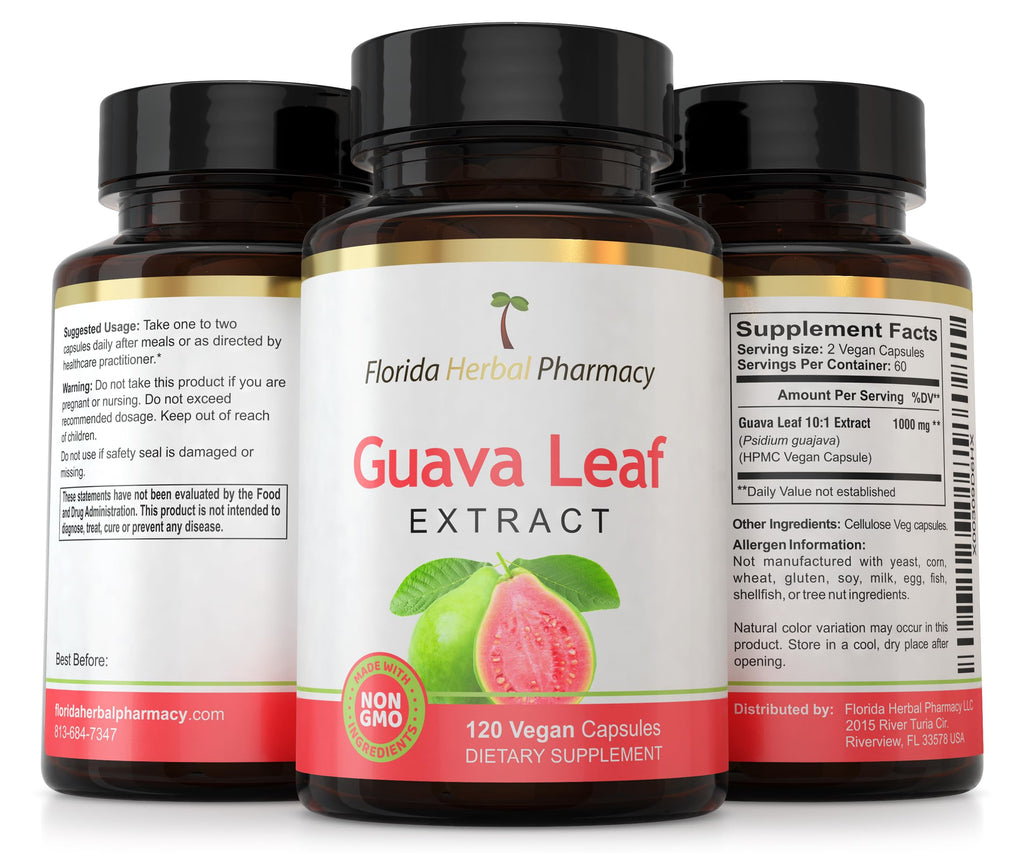Florida Herbal Pharmacy, Guava Leaf Extract Supplement Capsules 10:1 (120 Capsules),Two Months Supply