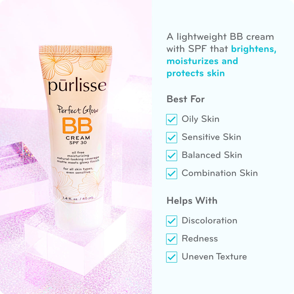 pūrlisse Perfect Glow BB Cream with SPF 30 - Matte Meets Dewy Finish - Enriched with Goji & Hawthorn Berry to Help Improve Skin Texture & Radiance - Medium Tan (1.4 oz)