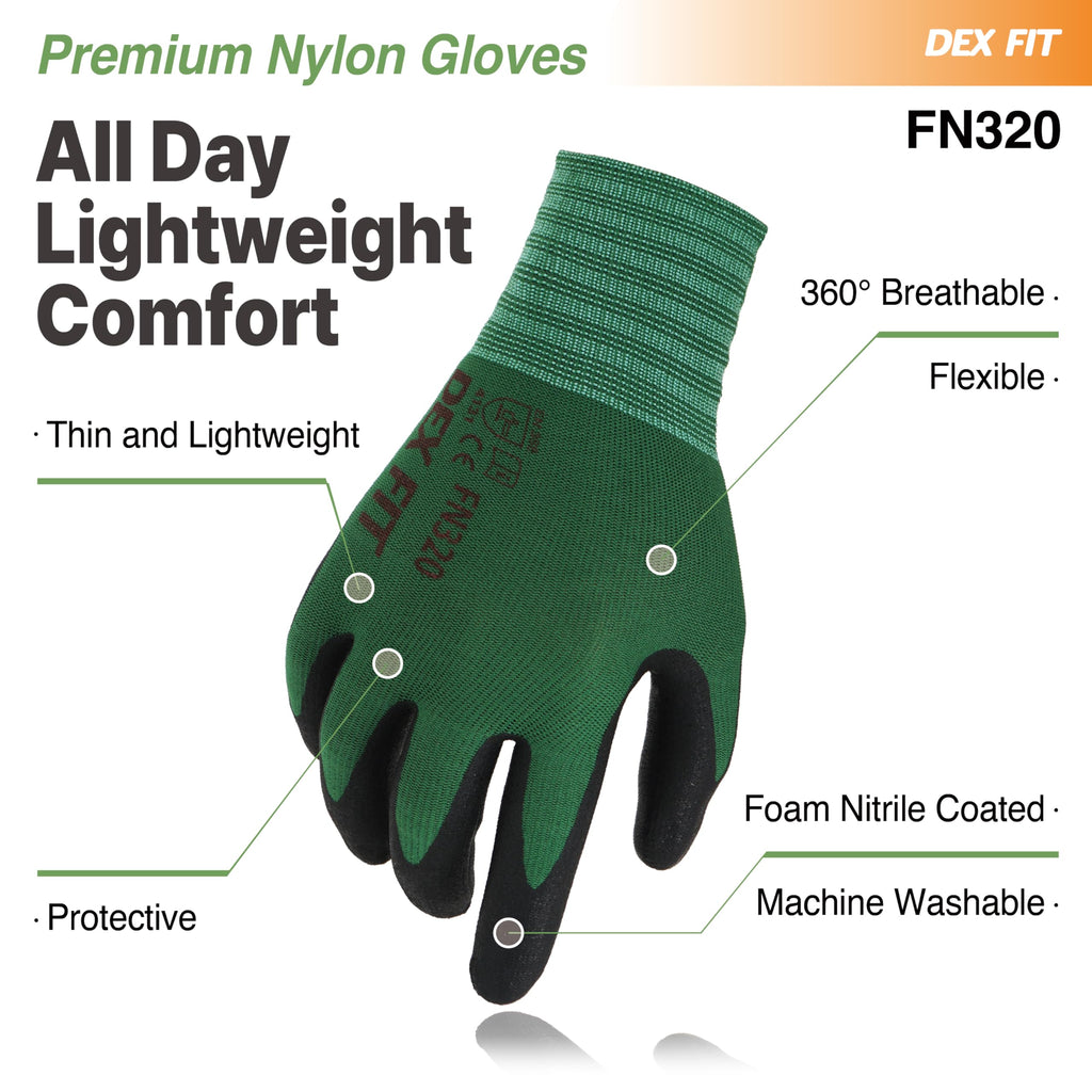 DEX FIT Premium Nylon Nitrile Work Gloves FN320, 3 Pairs, 3D-Comfort Stretchy Fit, Firm Grip, Thin & Lightweight, Durable, Breathable & Cool, Machine Washable; Forest Green 8 (M)