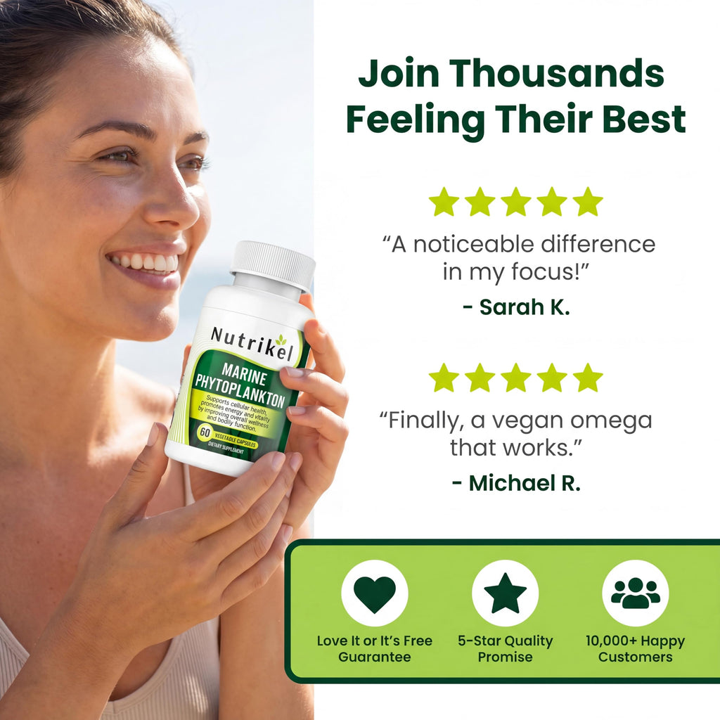 Marine Phytoplankton Omega 3 Supplement – Plant-Based Algae Capsules for Energy, Focus & Cellular Support – Vegan Superfood for Brain, Heart & Skin Health – 1,000mg – 60 Vegan Capsules