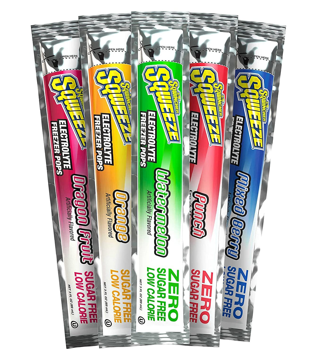 Sqwincher Zero Sugar Hydration Bundle with Lemonade Drink Mix (50 Pack) and Assorted Flavor Freezer Pops (50 Count)