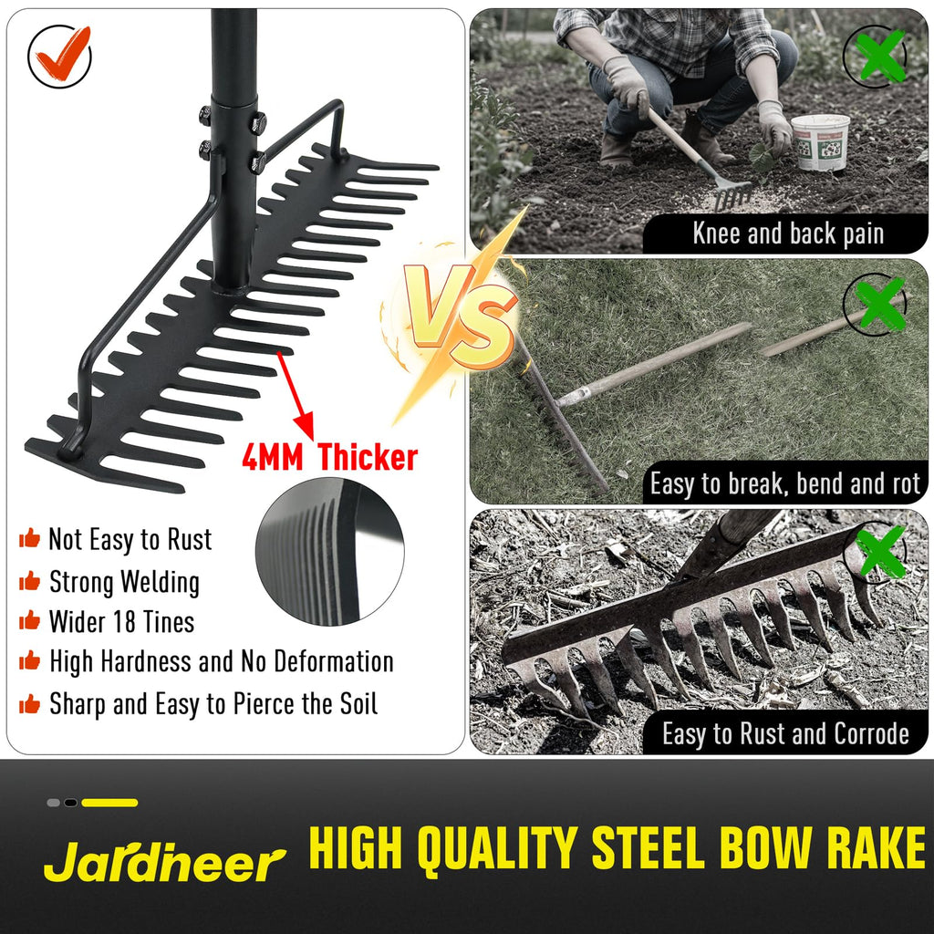Jardineer Bow Rake Heavy Duty, Long Handle Metal Rakes for Gravel, Rocks, Lawns Leaves, Soil Leveling, Landscaping, Garden Rake with 18 Steel Tines (59 Inches)