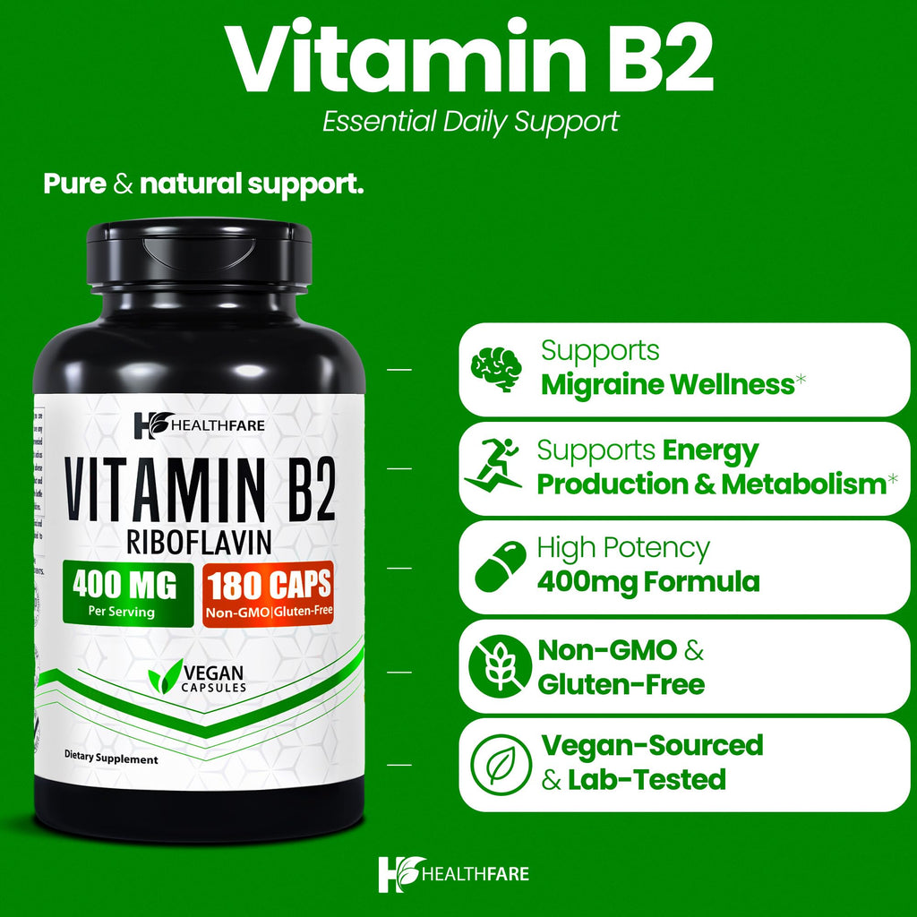 Healthfare Vitamin B2 Riboflavin 400 mg | Pack of 2 | 180 Veg Capsules Each | Supplement | Gluten-Free | Non-GMO