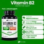 Healthfare Vitamin B2 Riboflavin 400 mg | Pack of 2 | 180 Veg Capsules Each | Supplement | Gluten-Free | Non-GMO