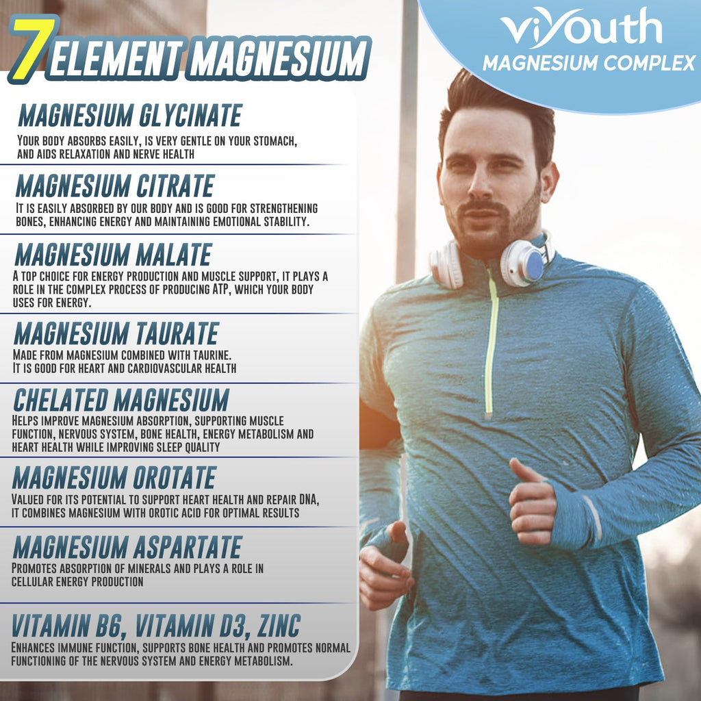Magnesium 7 Complex Supplement Advanced with Glycinate Citrate Malate Chelate Taurate Orotate Aspartate, Capsules with Zinc, Vitamin D3 & B6 for Sleep, Muscle Relief, 60 Capsules
