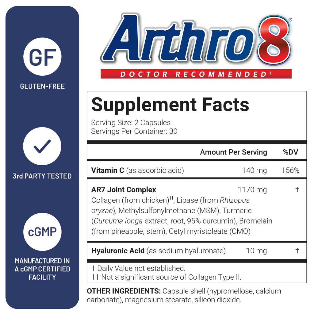 U.S. Doctors’ Clinical Arthro8 - Doctor-Formulated Joint Supplement + Hyaluronic Acid + Turmeric & Collagen for Flexibility, Mobility, & Strong Cartilage - 60 Capsules - 15/30-Day Supply