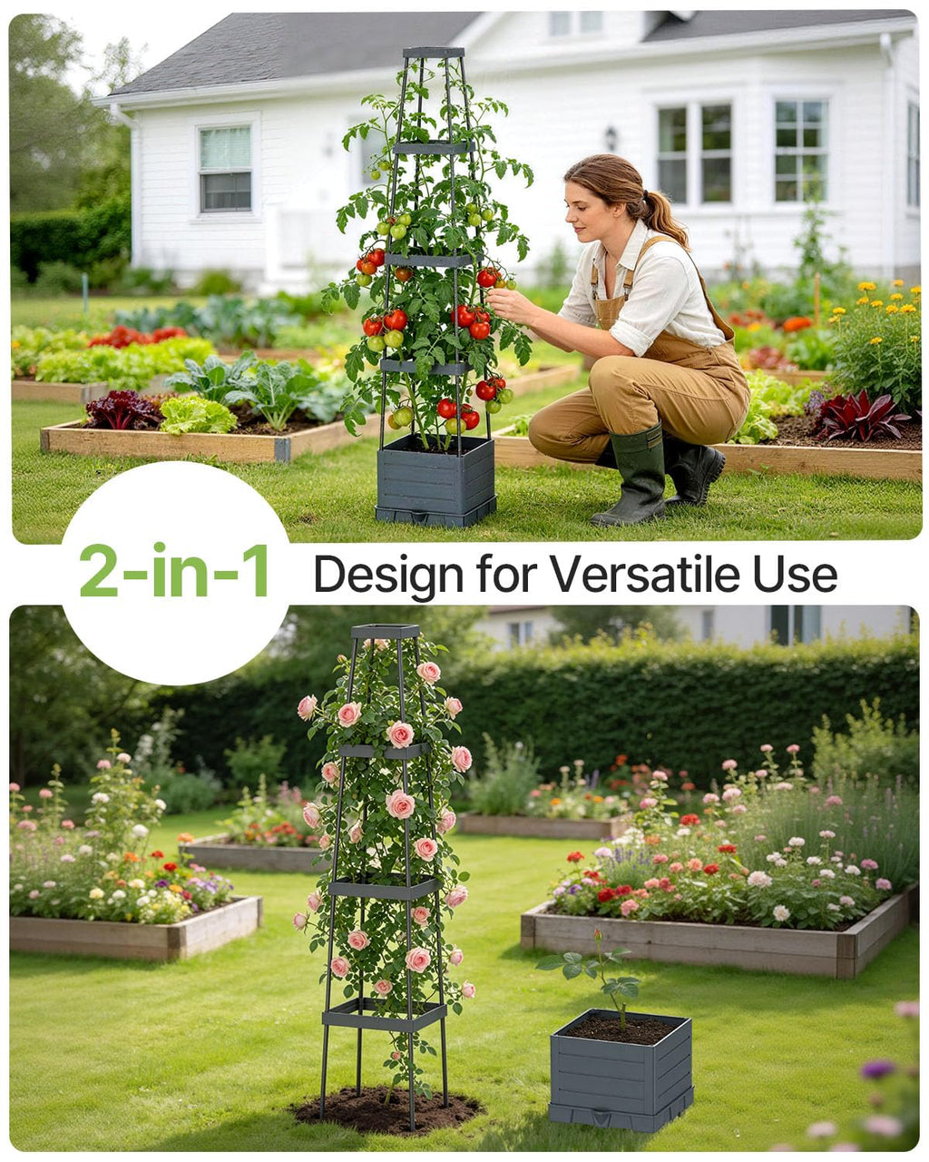 Suteck Raised Garden Bed with Trellis, 2PK Self-Watering Tomato Planter Box