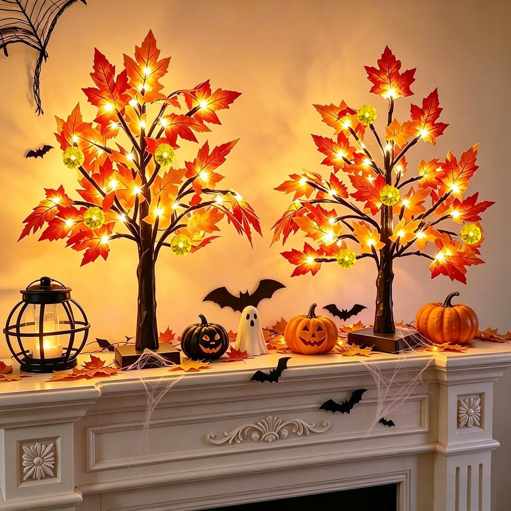 TURNMEON Fall Decor 2 Pack 18 Inch Prelit Fall Maple Tree 48 LEDs Timer