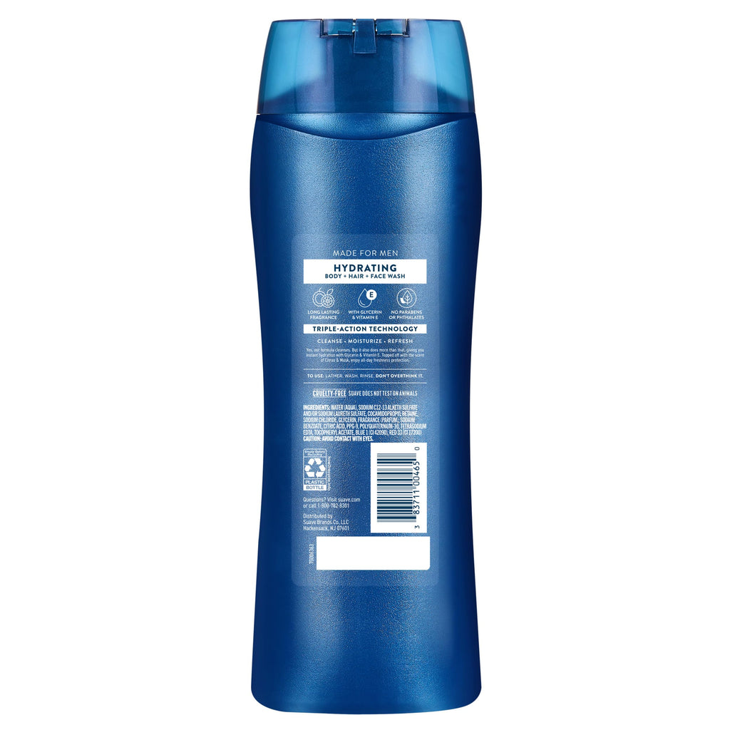 Suave Men Hydrating 3-in-1 Body + Hair + Face Wash with Glycerin & Vitamin E, Cleanse, Moisturize, Refresh, No Parabens or Pthalatates, Long-Lasting Fragrance, 18 FL OZ, 6 Count