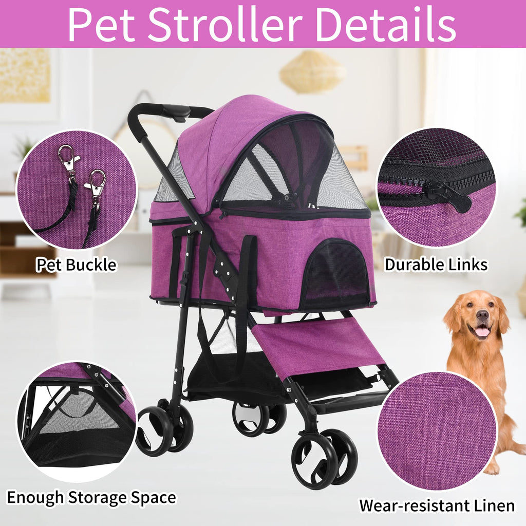 BLKMTY Dog Stroller 3-in-1 Folding Pet Strollers 4 Wheels Cat Stroller w/Storage Basket Dog Carrier Trolley One-Button Switch Travel Strollers with Safety Belt Detachable Carrier, Purple