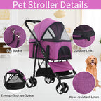 BLKMTY Dog Stroller 3-in-1 Folding Pet Strollers 4 Wheels Cat Stroller w/Storage Basket Dog Carrier Trolley One-Button Switch Travel Strollers with Safety Belt Detachable Carrier, Purple