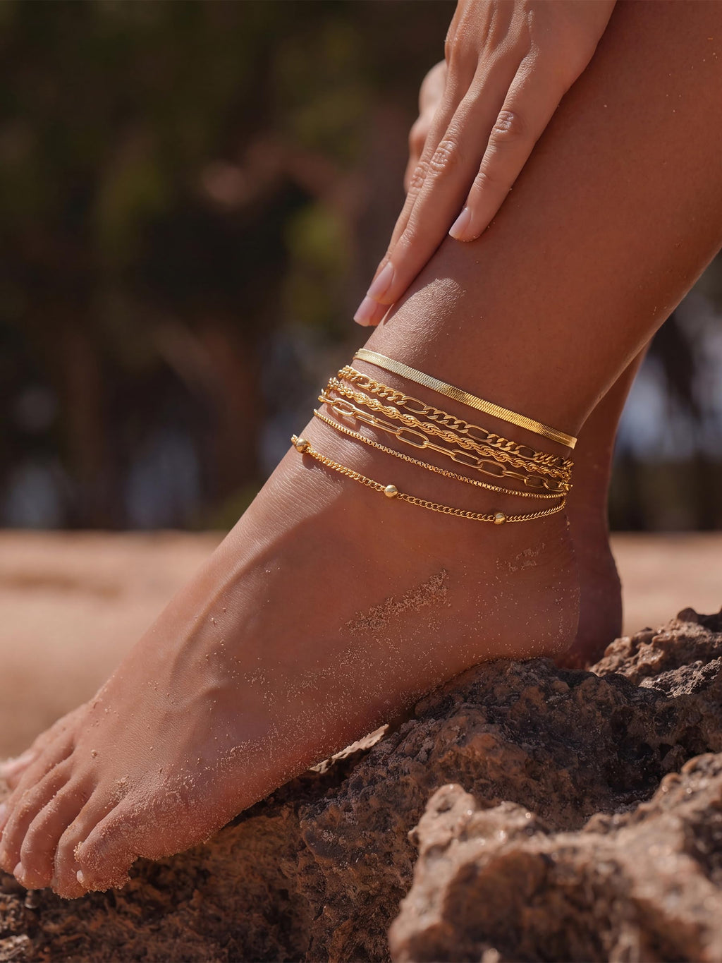 CTEEGN Anklets for Women, 14K Gold Plated 6 Pcs Layered Dainty Anklet Set