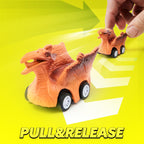 JOYIN Dinosaur Truck Toys for Kids Age 3-8, 12 Pull Back Car Vehicles, Transport Truck With Music, Roaring Sound, Flashing Lights, 1 Helicopter
