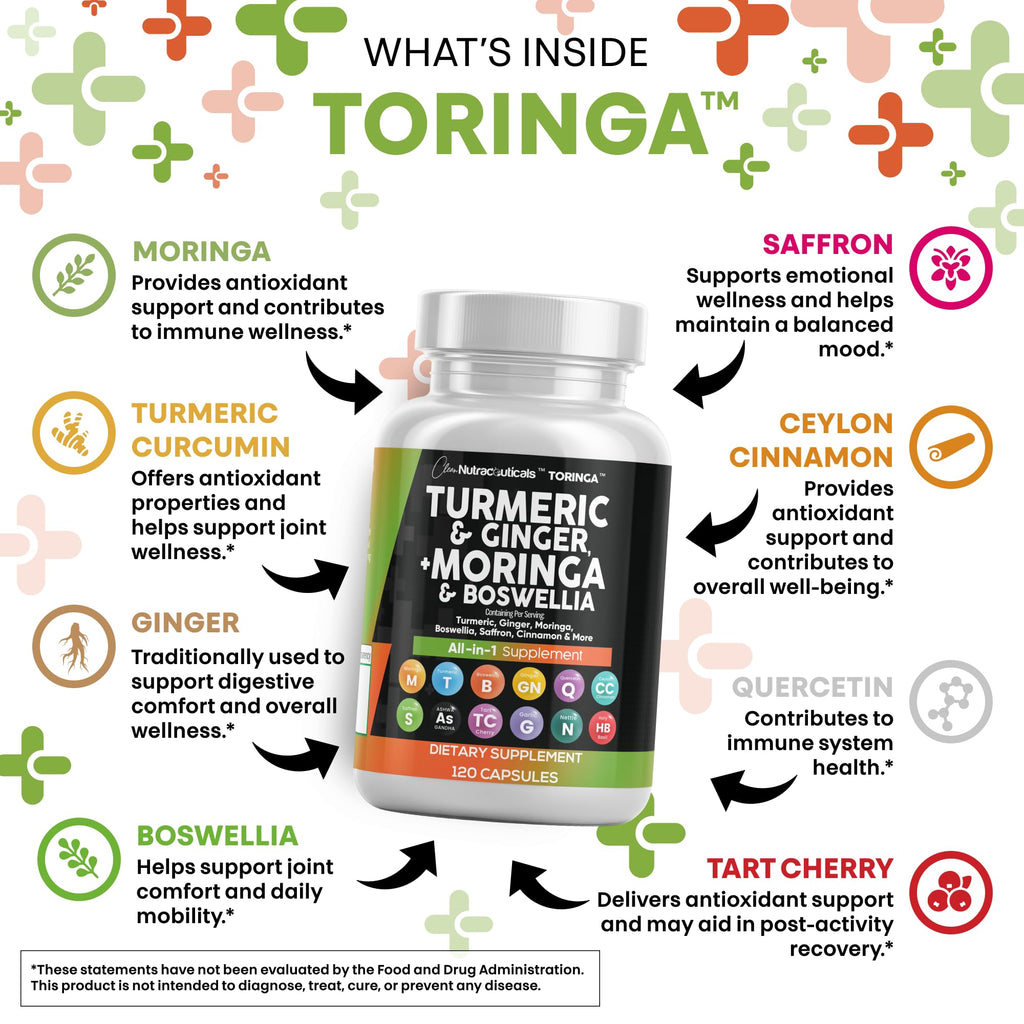 Clean Nutraceuticals Turmeric Moringa Supplement | Ginger Boswellia Saffron - Supplement for Women and Men with Ceylon Cinnamon, Tart Cherry, Quercetin Garlic Nettle Holy Basil - 1Pack