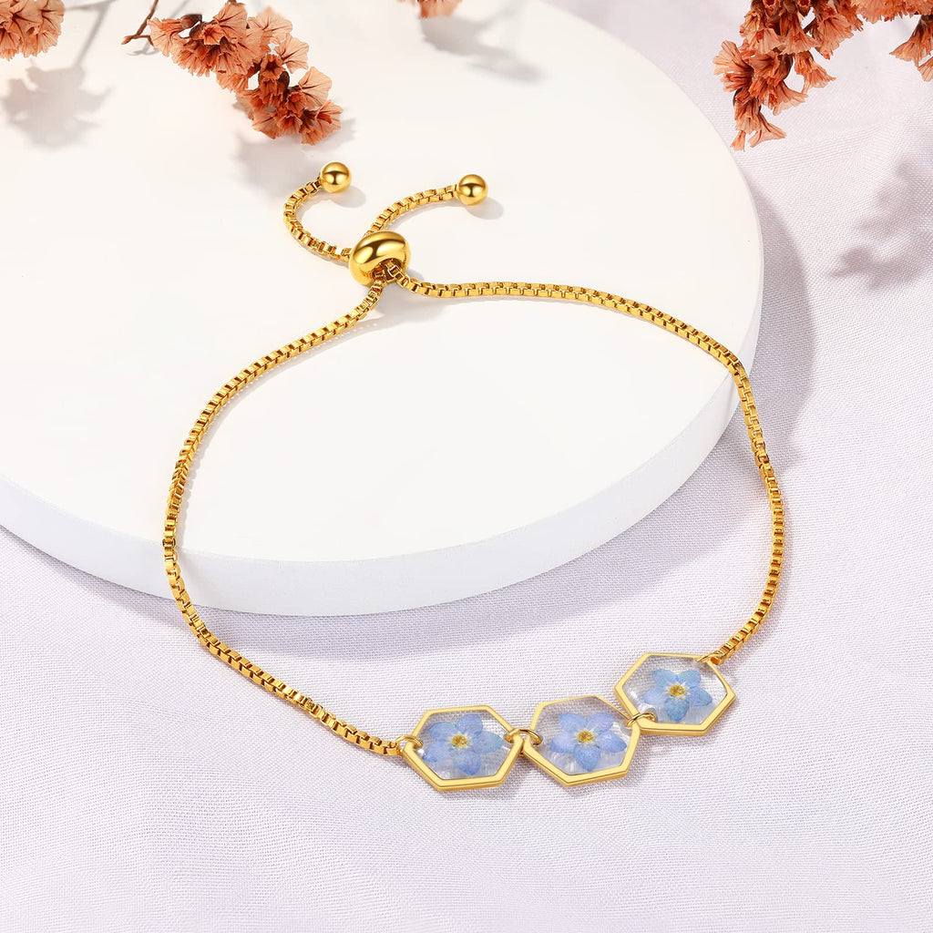 AUNTESIGN Forget-Me-Not Pressed Wildflower Bracelet | Personalized Handmade | Real Wildflowers Jewelry | Alaska State Flower Jewelry | Gold Pressed Flower Bracelet | Gift For Her