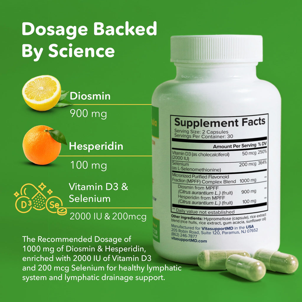 Lymphatic Formula, Diosmin Hesperidin 1000mg Lymphatic Drainage Supplement, Lymph System Support & Detox, Micronized MPFF Complex Blend with Vitamin D3 & Selenium for Immune Health, 60 Capsules