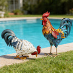 Shorayn Metal Rooster Statues, Outdoor Garden Metal Chicken Decor, Garden Sculptures Chicken Ornaments Yard Art for Backyard Patio Lawn Decorations, Set of 2