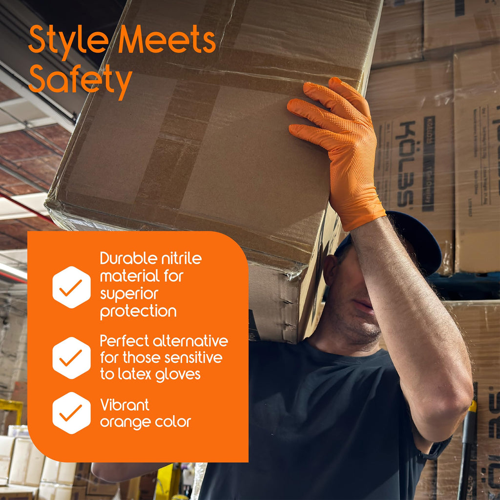 Inspire Heavy Duty Orange Nitrile Gloves Disposable Latex Free | ULTRA 8 Mil Diamond Textured Grip Disposable Cleaning Gloves | Industrial Mechanic Food Large, 100 Count