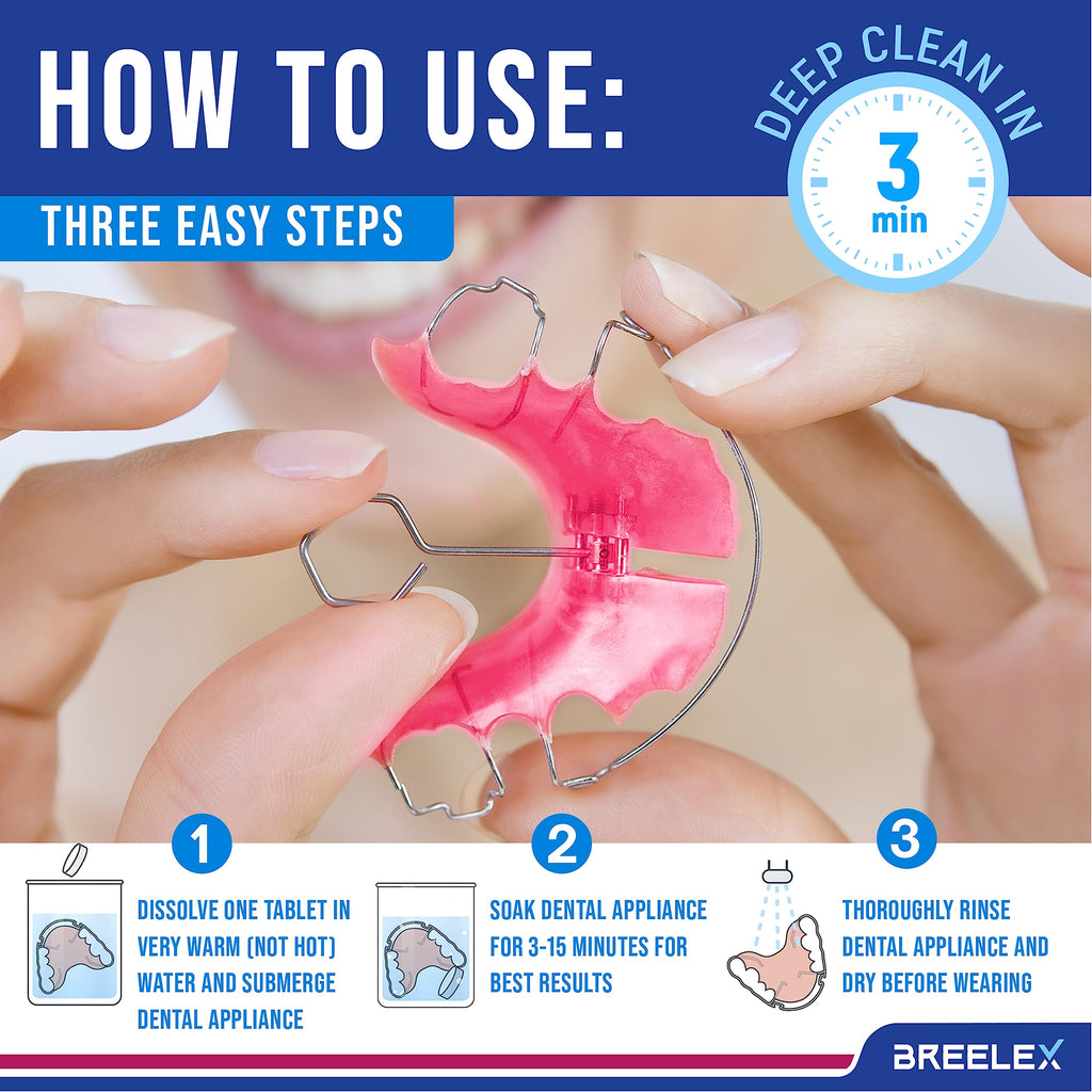 Breelex Retainer Cleaner Tablets for Dentures, Aligners & Night Guards – 120 Denture Cleaning Tablets, 3-Minute Deep Clean, Removes Plaque, Stains & Odor – FSA HSA Eligible