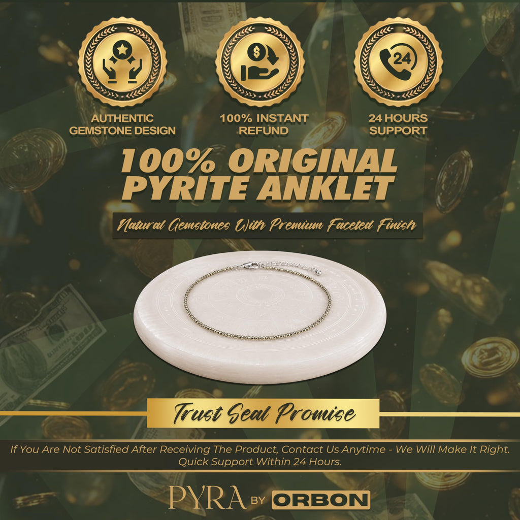 ORBON Original Certified Raw Pyrite Anklet for Women | Natural Raw Pyrite Crystal Ankle Bracelet for Wealth & Abundance | Genuine Stone, Adjustable Fit, Astrologer Recommended | Success Energy with Activation Card & Authenticity Certificate (2 MM BEADS)