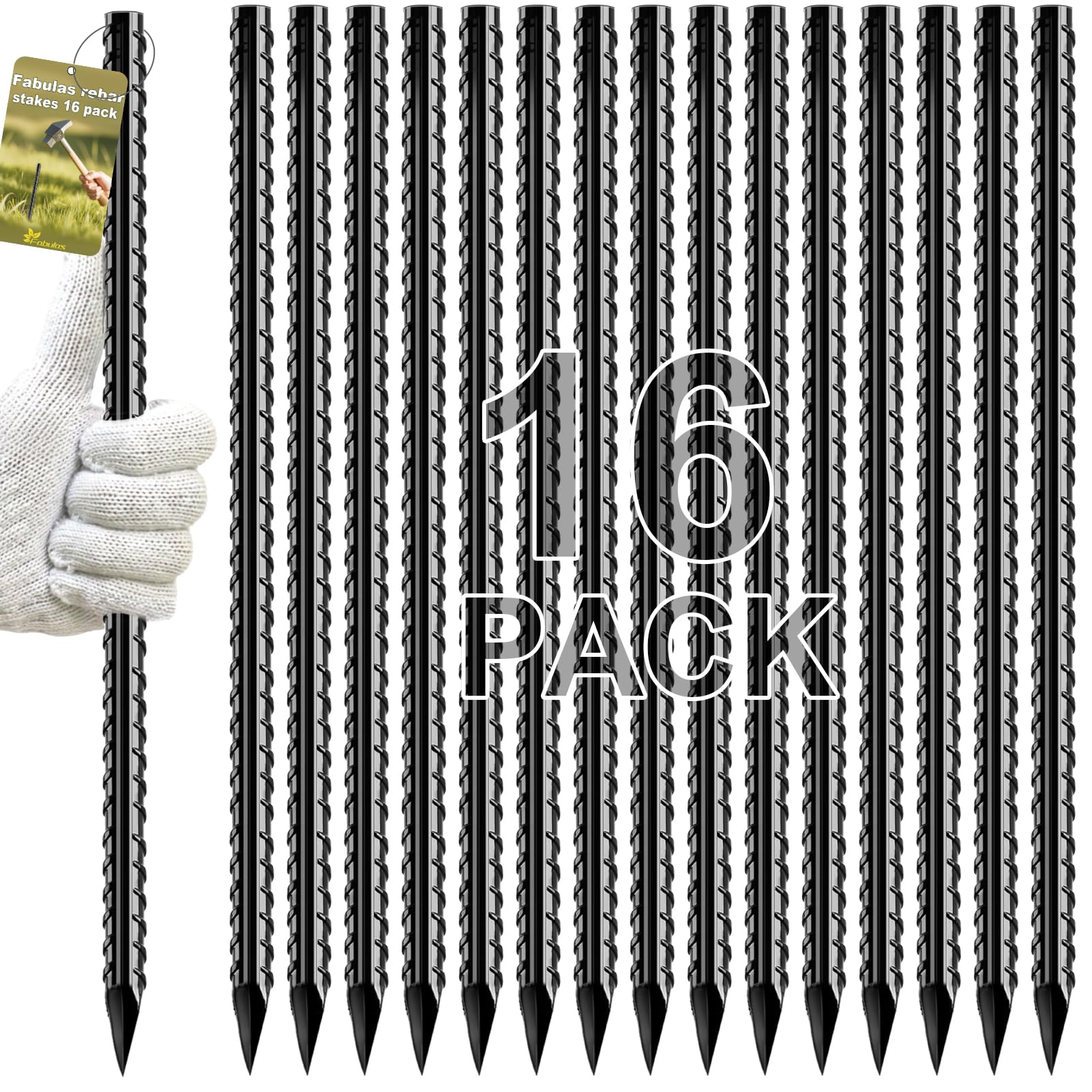Fabulas Rebar Stakes, 16 inch 16 Pack Ground Stakes Heavy Duty with Chisel Point End, 3/8" Diameter Straight Steel Metal Anchor for Garden Driveway Markers Concrete Form Landscape Camping Plant Black