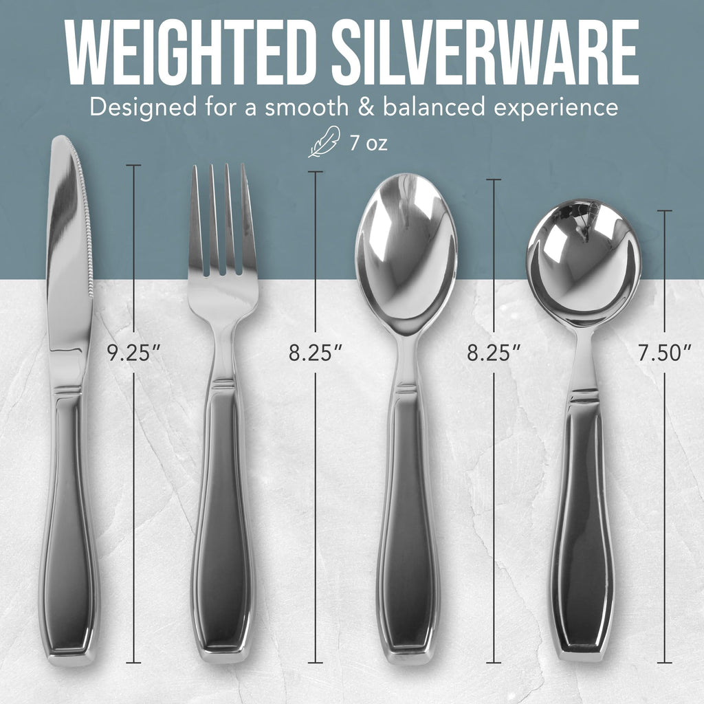 BUNMO Weighted Utensils for Hand Tremors – 4pc Adaptive Utensils for Elderly, Persons w/weak hands – Discreet Travel Wrap, Stainless Steel & Dishwasher Safe – Weighted Silverware Set