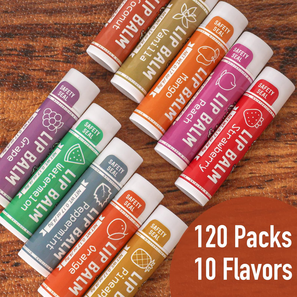 AZEN 120 Pack Lip Balm, Natural Lip Balm Bulk, Lip Care Product, Moisturizing Lip Balms for dry cracked lips, Valentines Gifts Easter Basket Stuffers - 10 Flavors