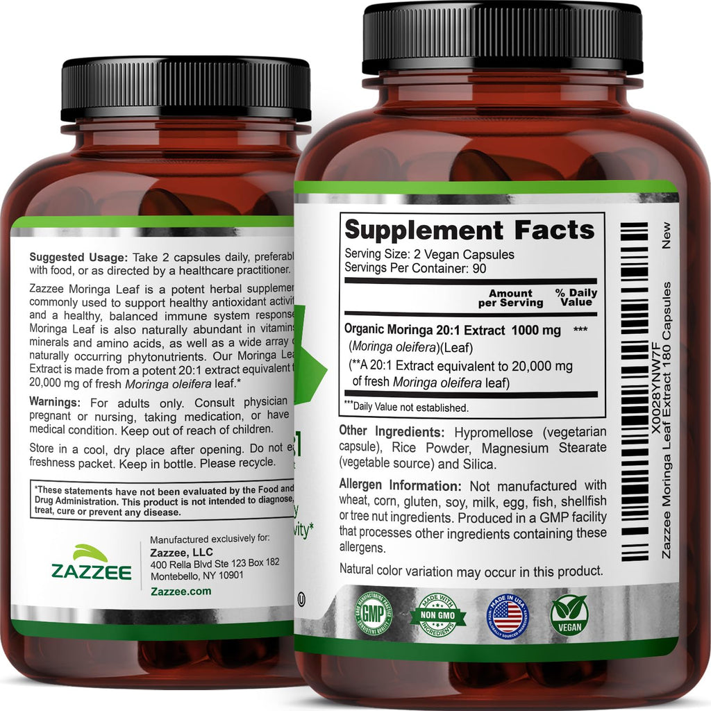 Zazzee USDA Organic Moringa Oleifera Leaf Extract 20:1, 20,000 mg Equivalent, 180 Vegan Capsules, Certified Kosher, High Potency Superfood Supplement, Antioxidant & Cellular Support, Made in The USA