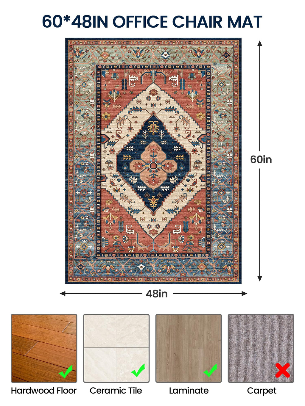 Office Chair Mat for Hardwood Floor, 36"X 48" Desk Rug for Rolling Computer Gaming Chairs, Machine Washable Under Desk mats, Office Carpet Floor Protector Mat -Blue
