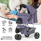 MoNiBloom 3 Wheels Pet Dog Cat Stroller for Small Medium Dogs Cats, Lightweight Foldable Jogger Stroller w/Storage Basket and Cup Holder, Plaid