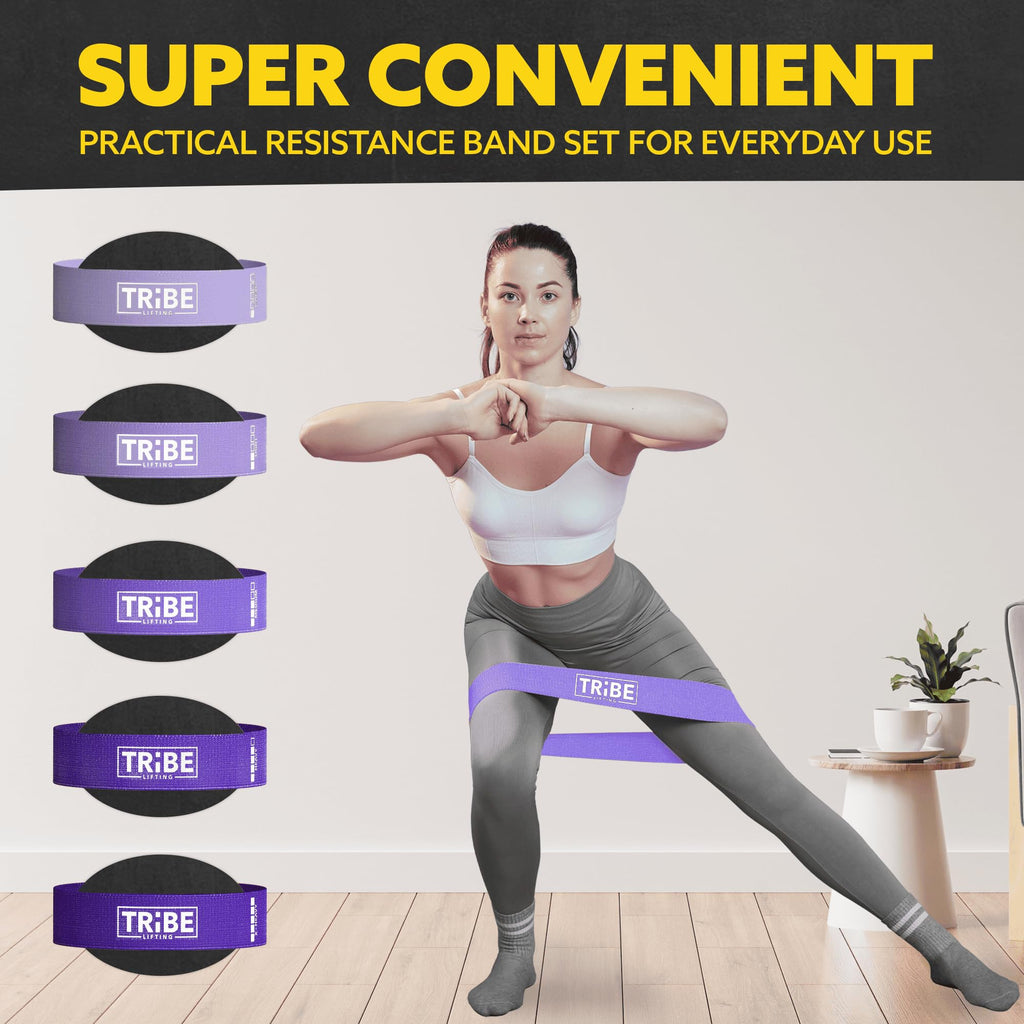 Tribe Lifting Fabric Resistance Bands for Glutes & Legs | 5 Fabric Workout Bands Set | Thick Booty Bands for Squats, Lunges, Hip Training, Physical Therapy & Home Workouts