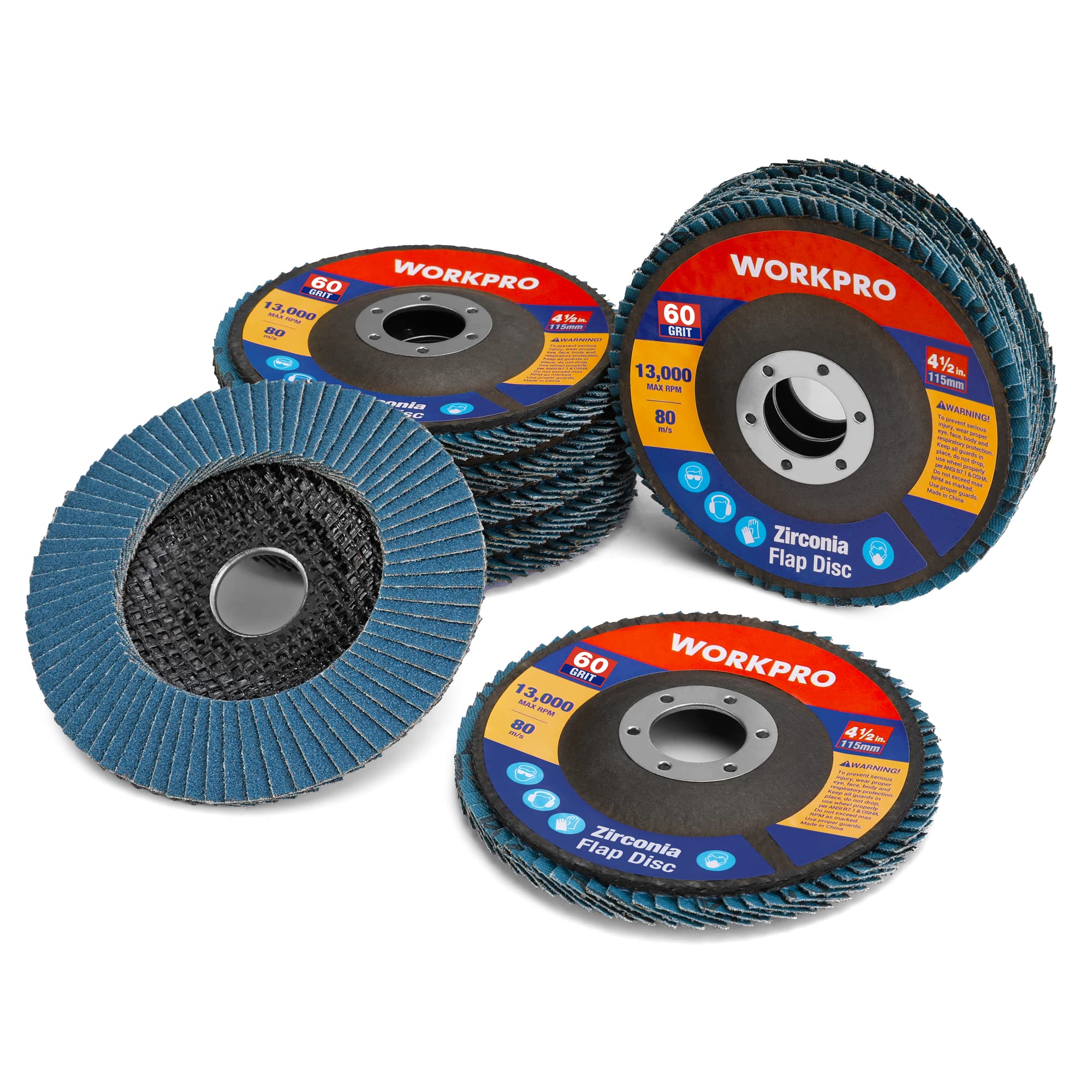 WORKPRO 10-Pack Flap Discs, 4-1/2-inch, Arbor Size 7/8-inch, T29 Zirconia Abrasive Grinding Wheel and Flap Sanding Disc, Includes 60 Grit