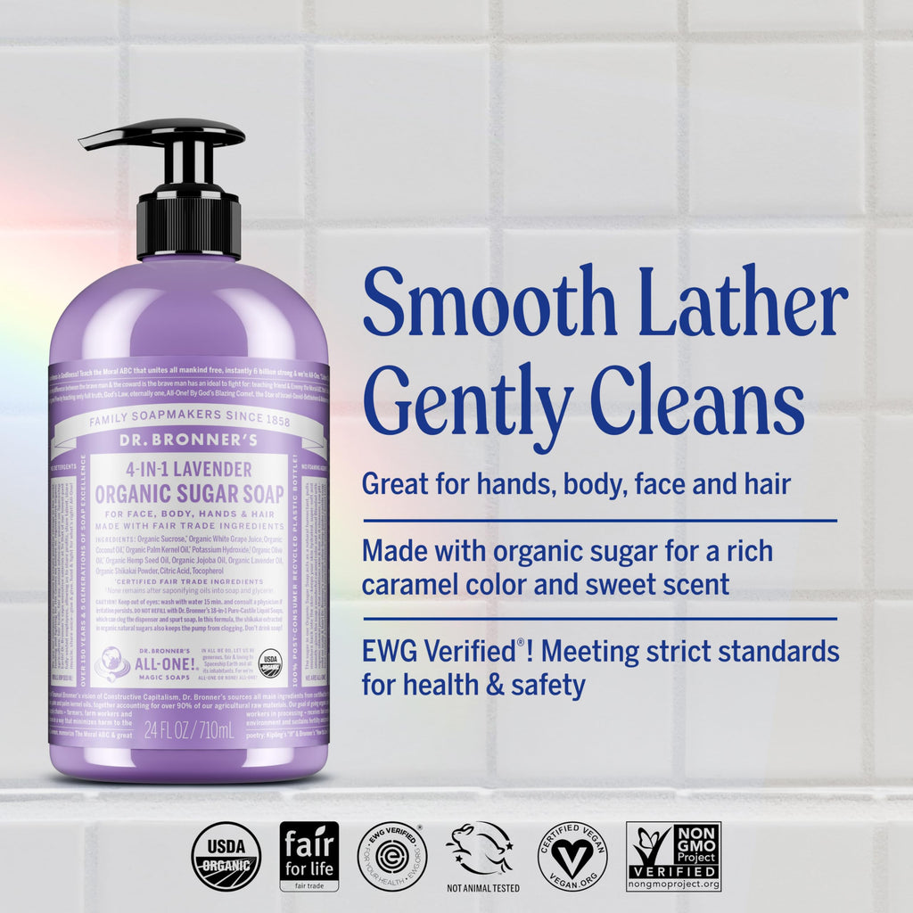 Dr. Bronner's - Organic Sugar Soap (Lavender, 24 Ounce) - Made with Organic Oils, Sugar and Shikakai Powder, 4-in-1 Uses: Hands, Body, Face and Hair, Cleanses, Moisturizes and Nourishes, Vegan