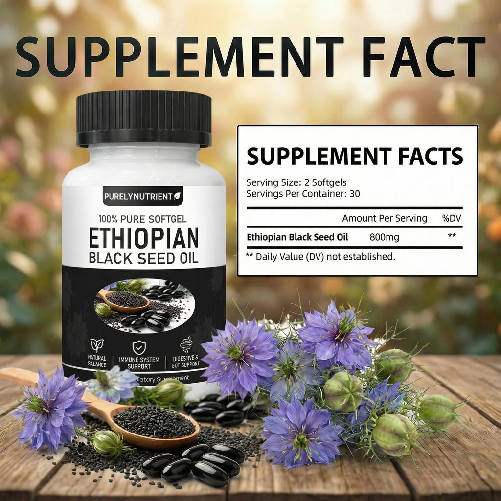 Ethiopian Black Seed Oil, Purely Nutrient Ethiopian BlackSeed Oil Capsules with Thymoquinone, Organic Cold-Pressed, 60 Softgels
