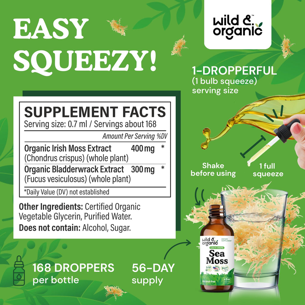 Wild & Organic Sea Moss Drops - Overall Support with Irish Seamoss and Bladderwrack - Multimineral Chondrus Crispus Tincture - Vegan, Sugar & Alcohol-Free Liquid Supplement - 4 fl oz