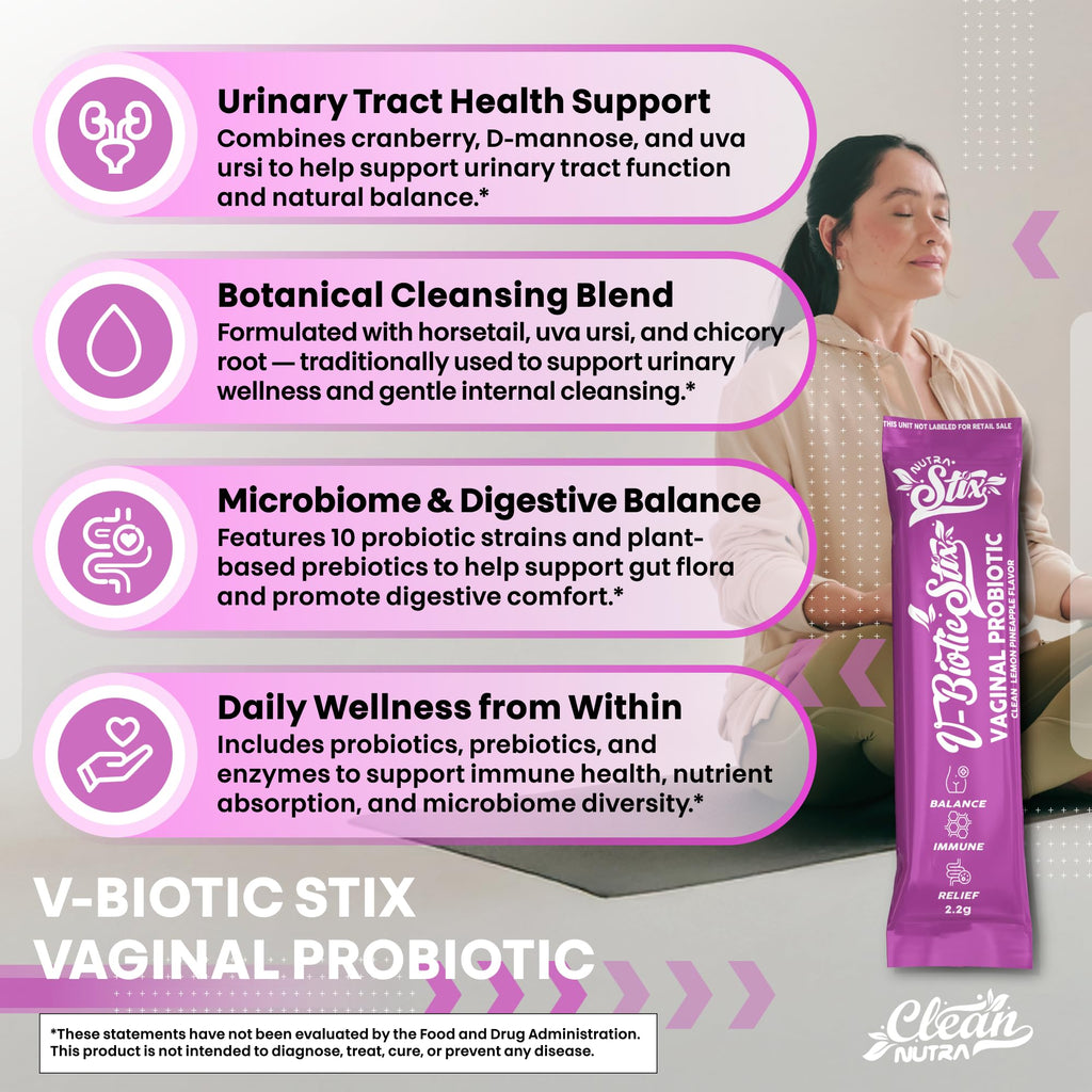 Clean Nutraceuticals Vaginal Probiotics for Women with Cranberry Extract, D-Mannose, Prebiotics, pH Balance for Women, Vaginal Health – Womens Probiotic Alternative to Gummies - 20 Stix