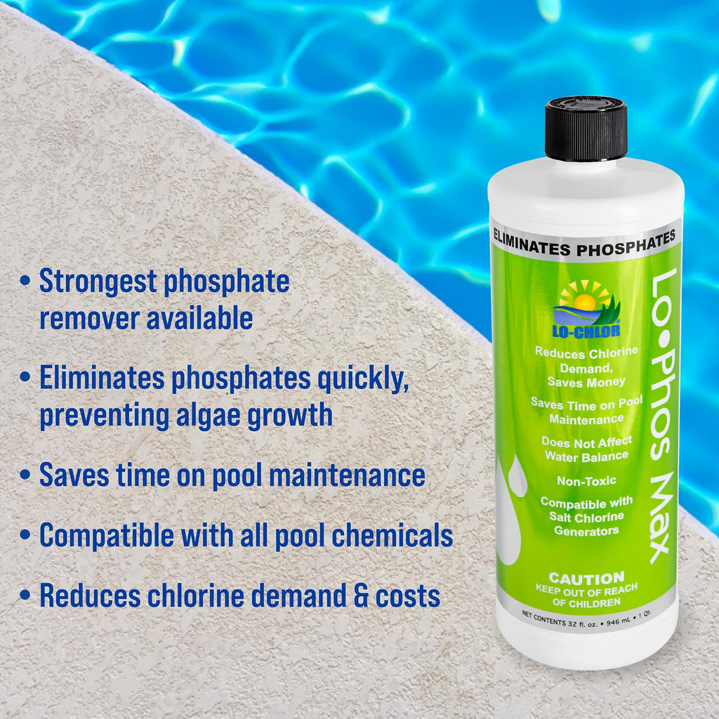 Lo-Chlor Lo-Phos Max Pool Phosphate Remover, Reduces Chlorine Demand, Starves Algae, Compatible with Other Chemicals and Surfaces, for Inground and Above Ground Swimming Pools, 32 oz