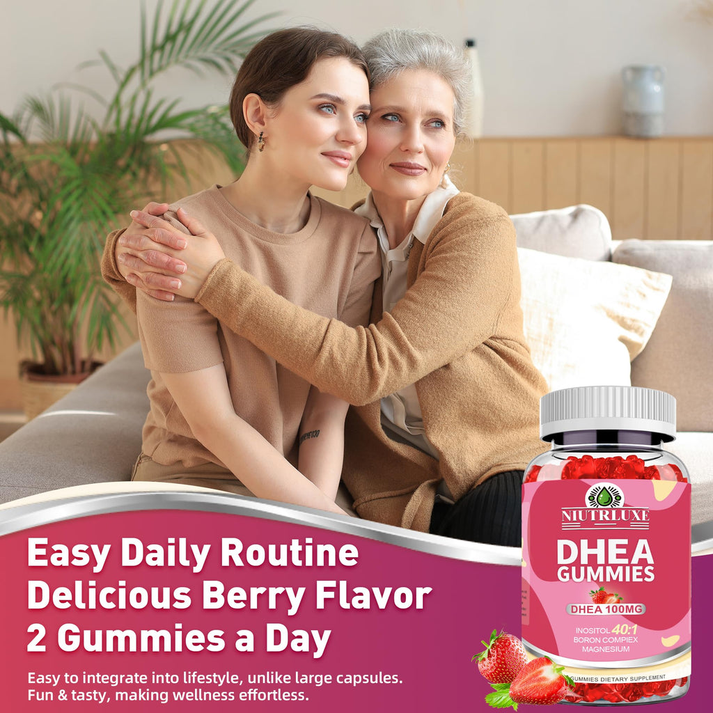 NIUTRLUXE DHEA Gummies, DHEA Supplements for Women, DHEA 100mg 50mg Chewable with Boron, Inositol and Magnesium, Pro-Aging, Ovarian Support, Sleep Support, Vegan, 60 Counts