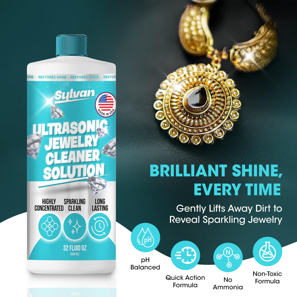 Sylvan Hills Ultrasonic Jewelry Cleaner Solution Concentrate + Free Cloth | 500+ Uses | 32 Oz | Made in The USA | Compatible with All Ultrasonic Cleaners | Cleaner Liquid | Rings, Necklaces & Eyewear
