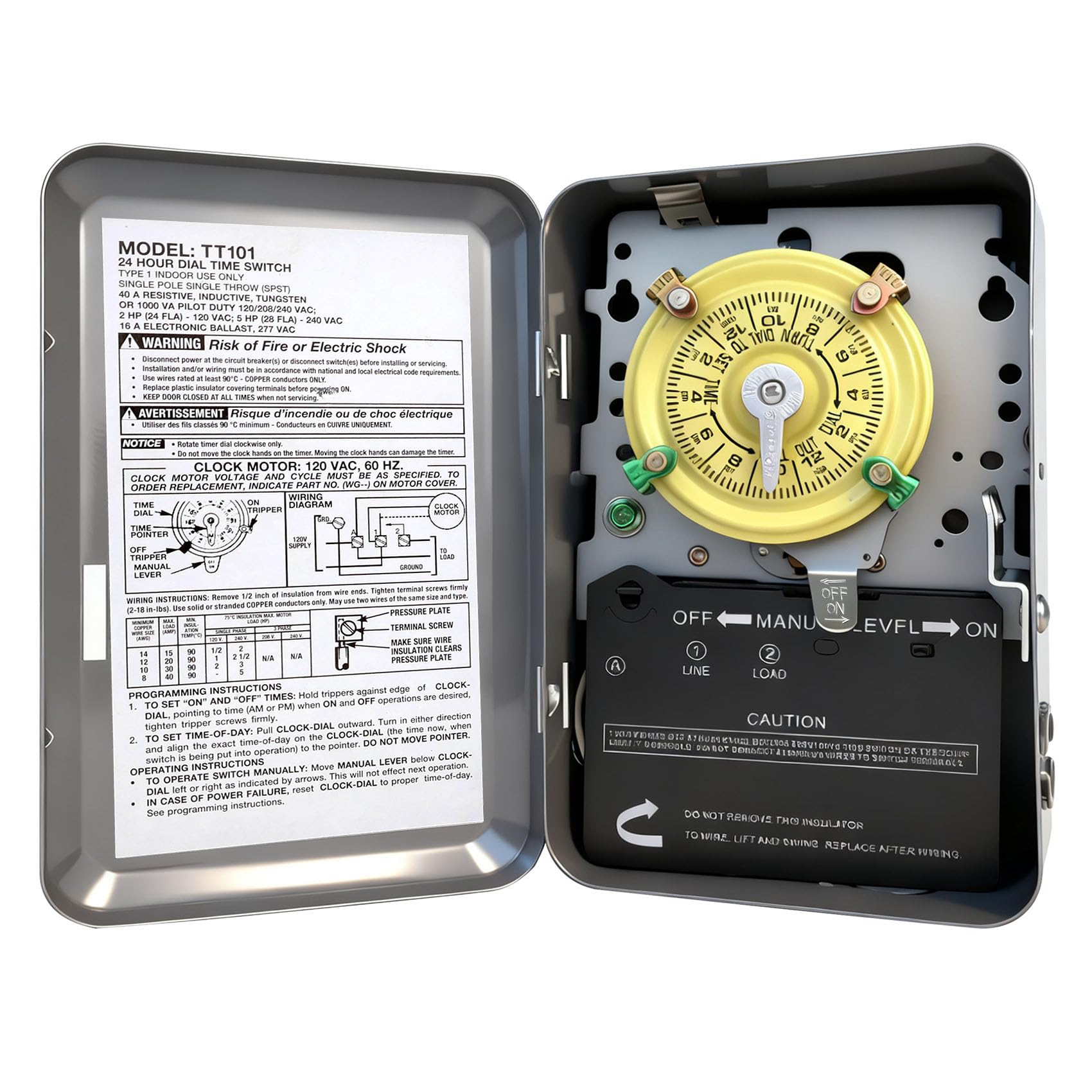 T101 Mechanical Timer Switch, T101 Pool Timer, 120V 2HP SPST 40A Time Switch, 24 Hour 12 ON/Off for Pool Pump, Heavy-Duty Mechanical Time Switches, for Lights Pumps HVAC Systems, 5 Years Warranty
