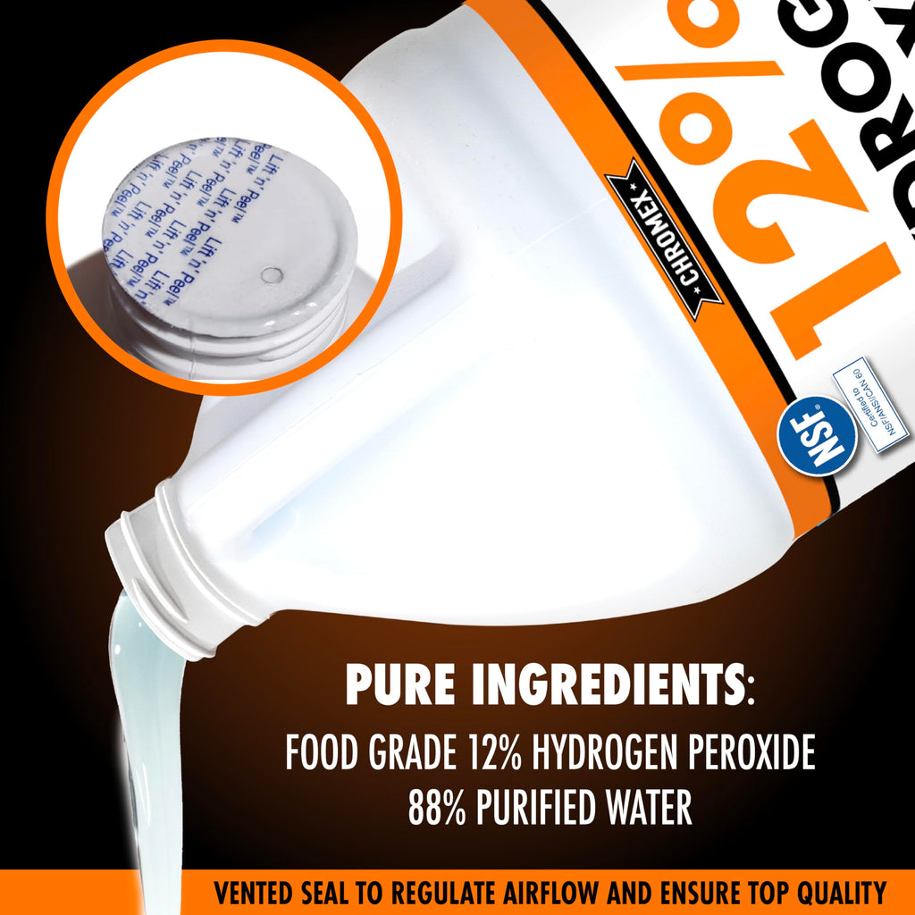 Chromex Hydrogen Peroxide 12 Percent Food Grade, 4X Power Concentrated Solution, Dilutes to 4 Gallons, Versatile Uses Include Topical Care, Home, Kitchen, Bath Cleaner, NSF Certified, 1 Gallon