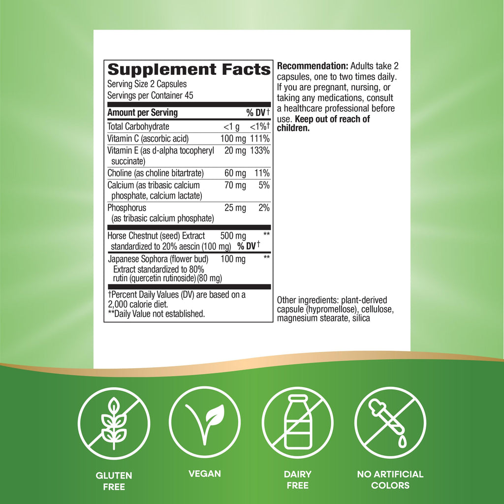 Nature's Way Premium Hem-Care, Unique Vein Health Blend*, with Vitamins C & E, Choline, Calcium, Phosphorus, Horse Chestnut Extract, and Japanese Sophora Extract, 90 Capsules (Packaging May Vary)