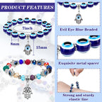 Junkin 12 Pcs Evil Eye Charm Bracelets Hamsa Beaded Charm Hand of Fatima Turkish Greek Blue Eyes Stretch Bracelet Lucky Protection Wristband for Women Men Blessing Gift