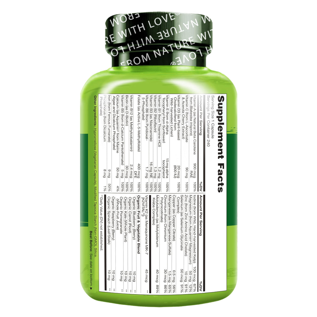 NATURELO One Daily Multivitamin for Women w/Vitamin B12, 240 Ct, Energy Support, Whole Food Daily Women Multivitamin Supplement, Nourish Hair/Skin/Nail, Non-GMO, No Soy, Gluten Free, 8 Month Supply