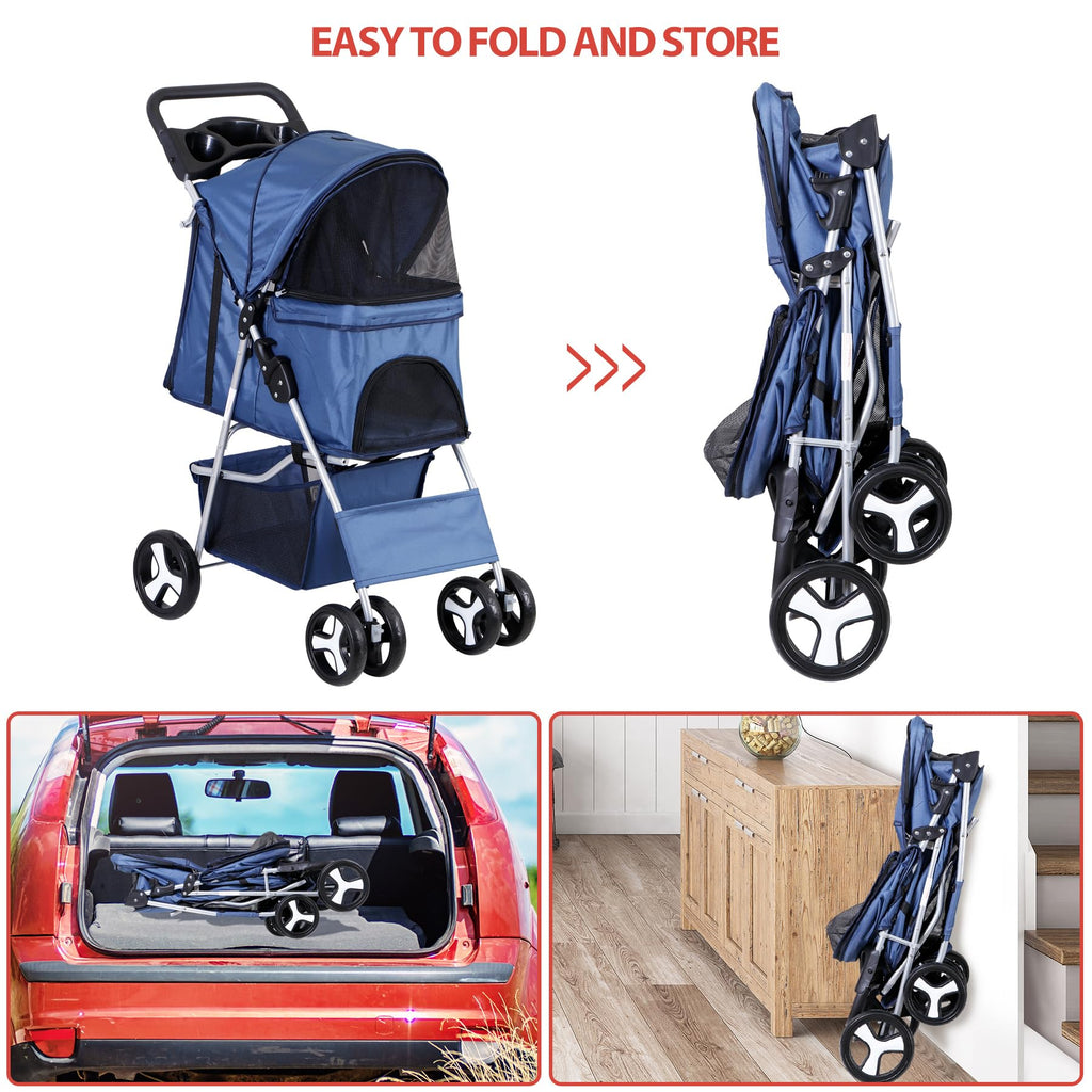 ZENY Foldable Pet Stroller, Cat/Dog Stroller with 4 Wheel, Pet Travel Carrier Strolling Cart with Storage Basket, Cup Holder (Navy Blue)