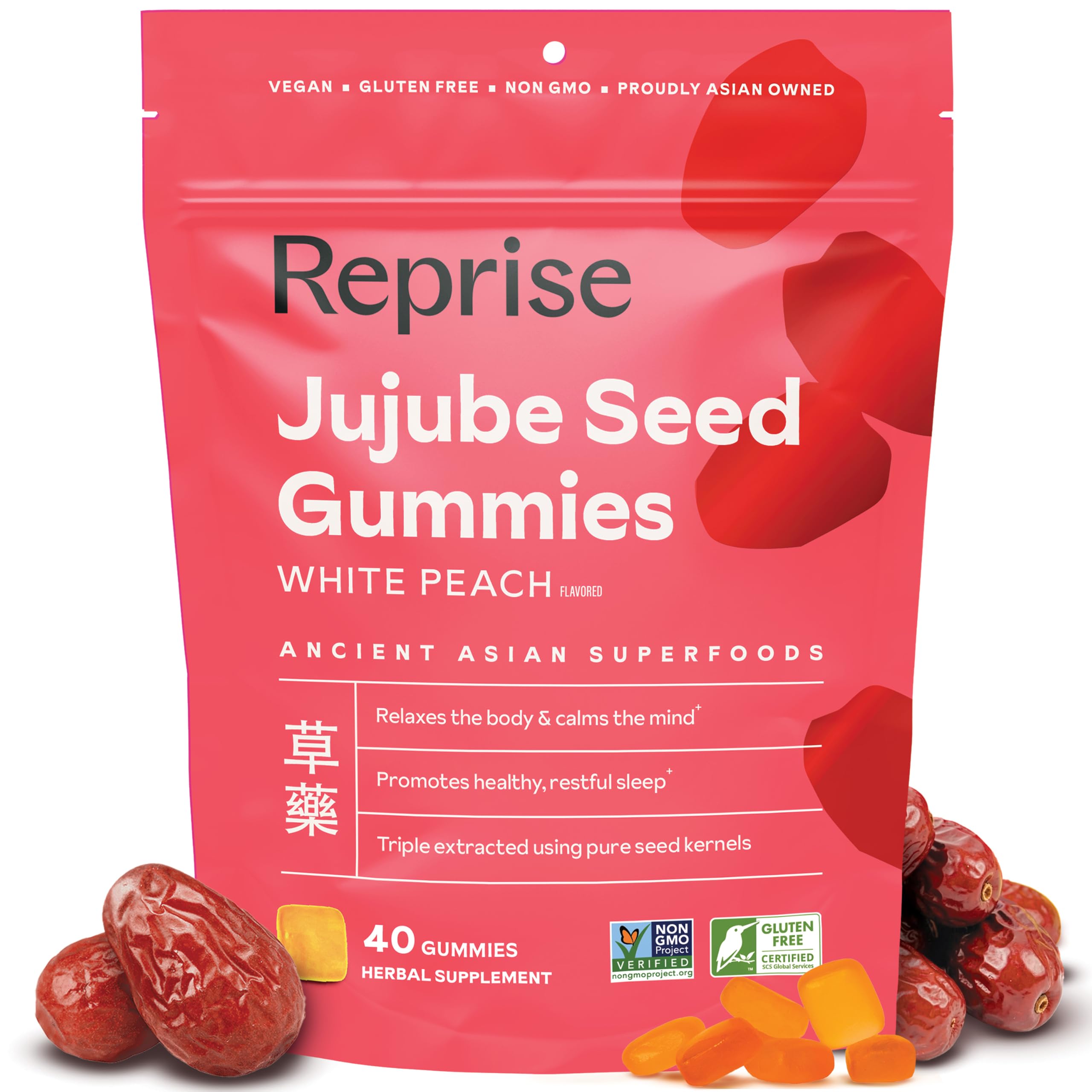 Reprise Jujube Seeds in Daily Gummies, 300 mg Full-Spectrum Jujube Seeds, Supports Relaxation & Restful Sleep, 100% Plant Based Vegan & Gelatin Free, Peach Flavored, 40 Gummies