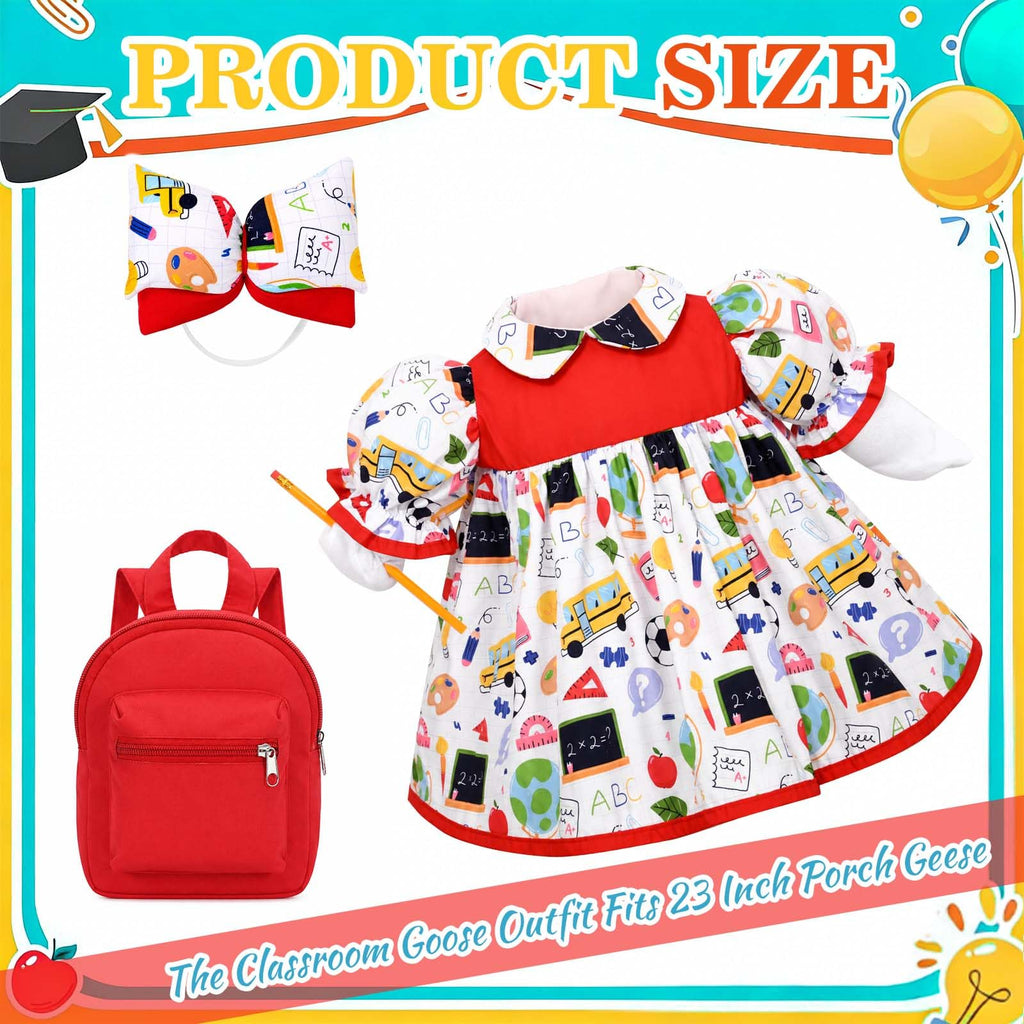 JcHrmers Back to School Porch Goose Outfits Includes Bow Headband Red Schoolbag Doll Collar Dress and Pencil for 23'' Cement Goose Statue for Garden Patio Lawn Yard Outdoor Decoration